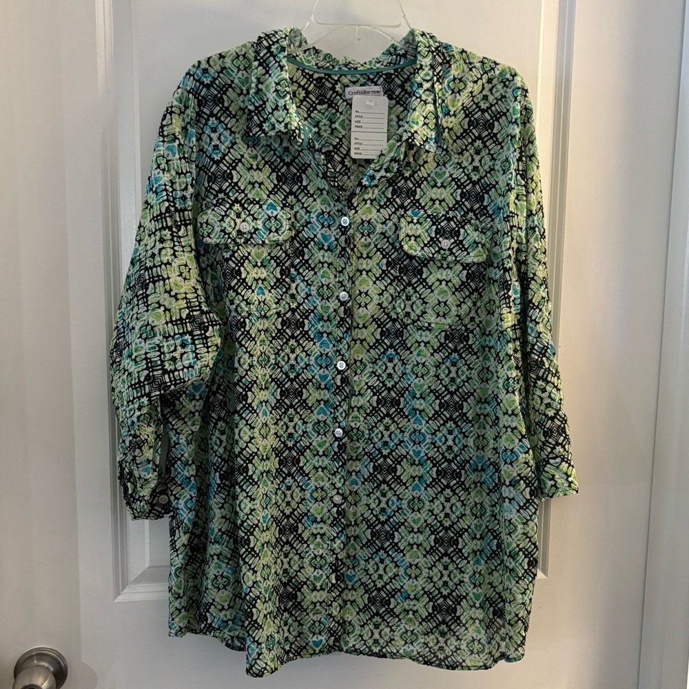 Womens Croft & Barrow Green & Blue Printed Button-Front Tunic Top sz 3X